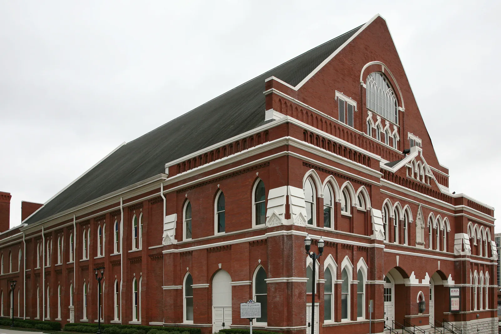 The brick facade of the Ryman Auditorium in downtown Nashville, Tennessee