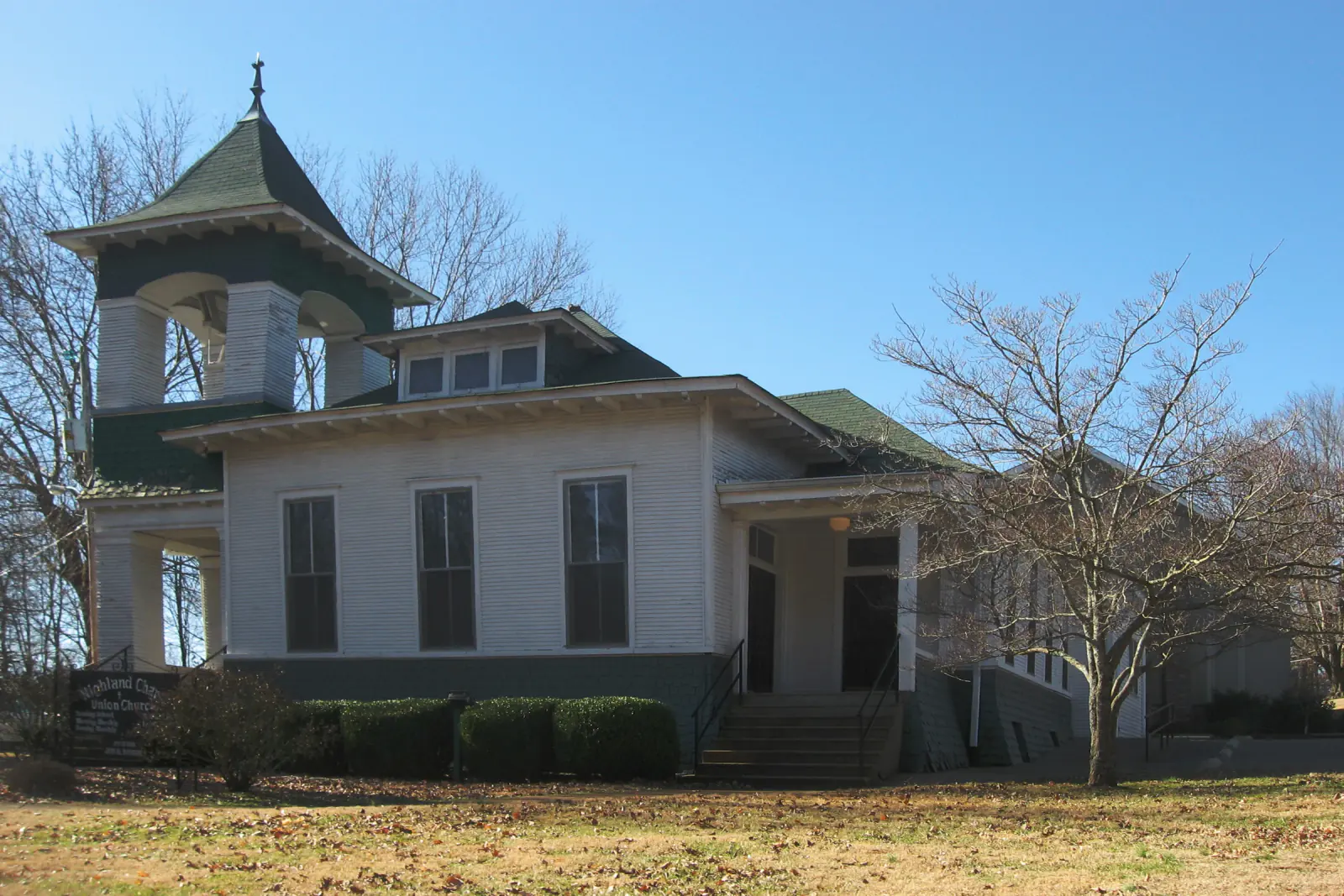 Highland Chapel Union Church, a white 1906 church with a corner bell tower, in Ridgetop, Tennessee