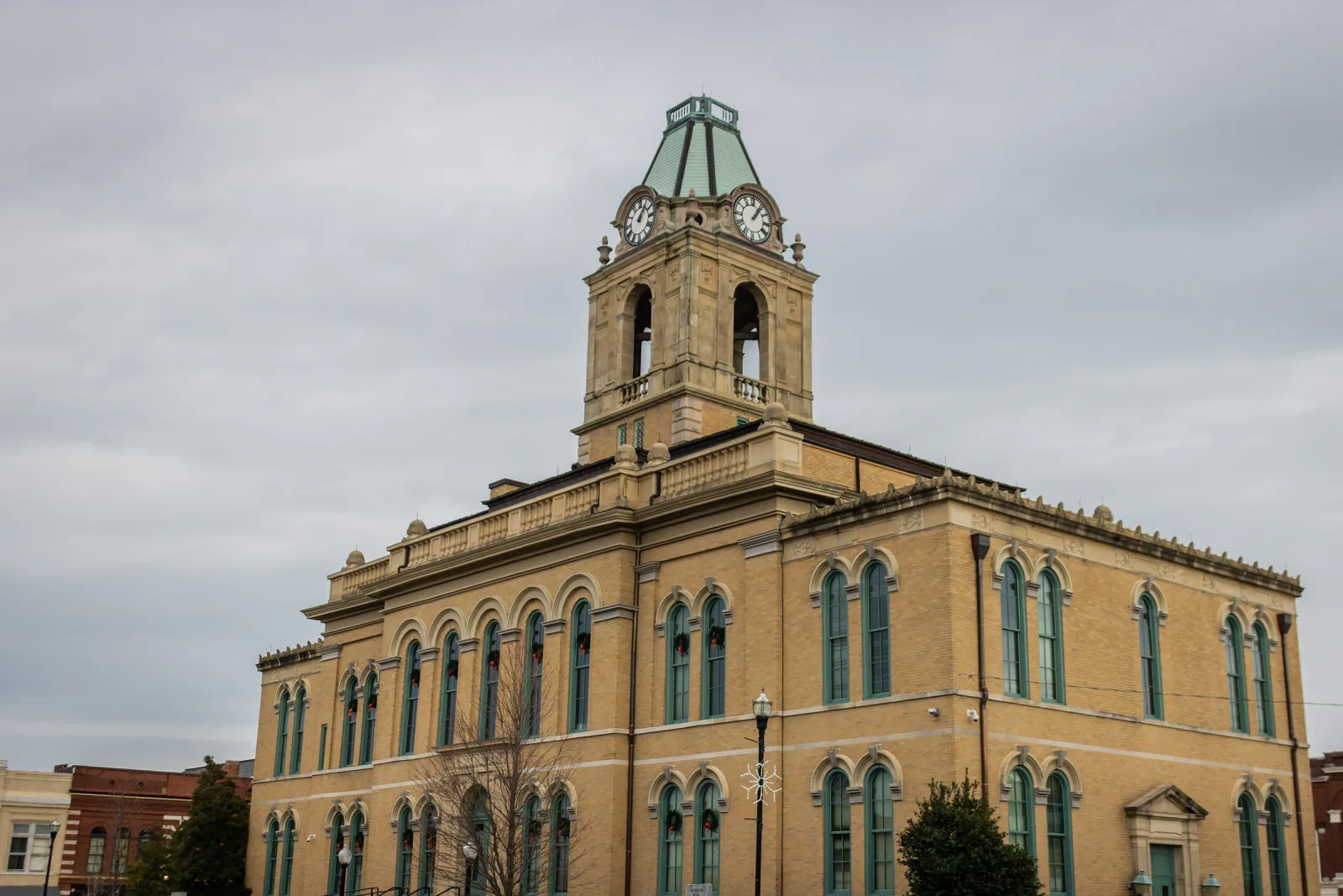 The 1879 Robertson County Courthouse and its clock tower on the square in Springfield, Tennessee
